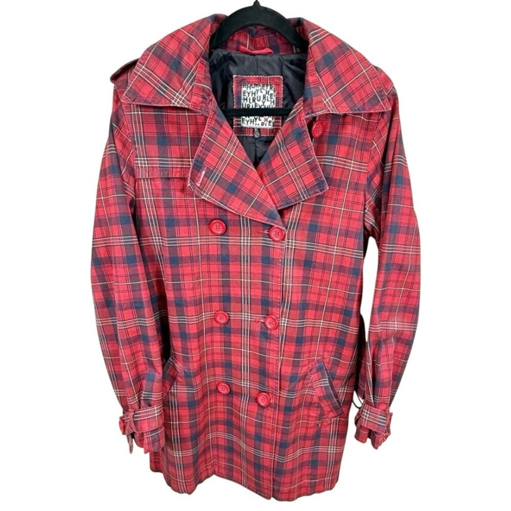 Vintage Hurley Pea Coat Womens XL Red Plaid Trench Jacket
